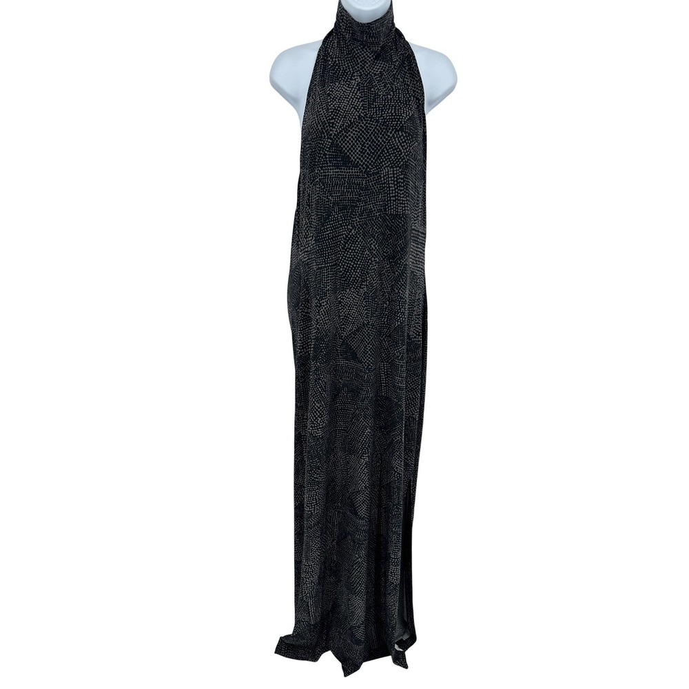 KamaliKulture Dress XL Black Grey Halter Turtleneck Backless Maxi Gown Slit - Picture 2 of 11